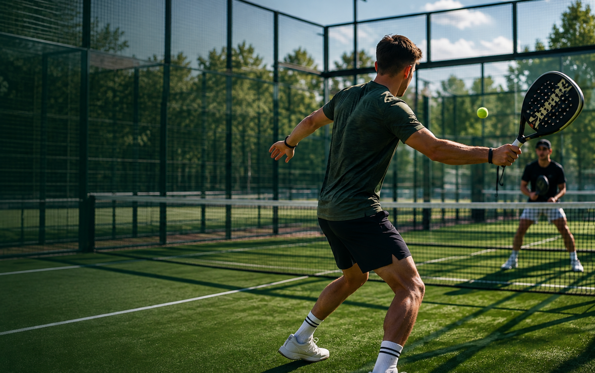 A man in a dark green t-shirt and black shorts swings a paddle tennis racket on an outdoor court, with another player visible in the background.